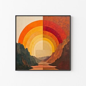 Coucher de soleil arc-en-ciel | Style Henri Rousseau tons terre | Tableau rétro | Noyau de cabine