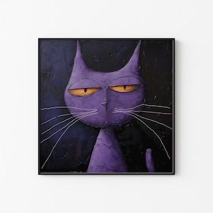 Peinture chat violet cool | Décoration murale chat | Toile illustrée de chats