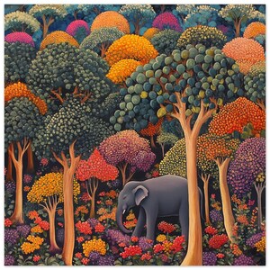 Éléphant coloré dans la forêt | de style Henri Rousseau | Imprimé éléphant rétro