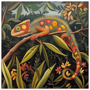 Impression de peinture rétro de la jungle caméléon | Art de style Henri Rousseau | Poster déco maximaliste
