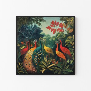 Pavões Coloridos #2 Selva Retro Pintura Impressão | Henri Rousseau Estilo Arte | Maximalist Decor Poster