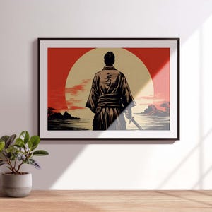 Samouraï au bord de la mer - Poster de la gravure sur bois japonaise | Art asiatique téléchargeable | Affiche d'arts martiaux
