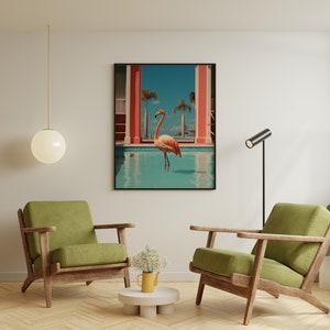 May include: A pink flamingo stands in a swimming pool with a blue and green tiled bottom. The flamingo is in front of a building with pink columns and a blue sky. The image is framed in black.