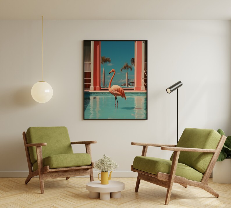 May include: A pink flamingo stands in a swimming pool with a blue and green tiled bottom. The flamingo is in front of a building with pink columns and a blue sky. The image is framed in black.