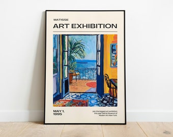 May include: A vintage poster advertising an art exhibition featuring the work of Henri Matisse. The poster features a painting of a room with a view of the ocean. The text on the poster reads "MATISSE ART EXHIBITION MAY 1, 1995 Join the biggest art exhibition this year held at Museum of Modern Art New York."