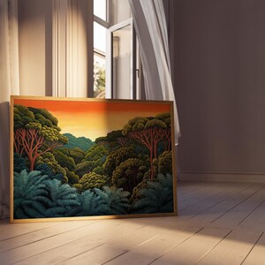 Impression de peinture rétro ciel de la jungle | Art de style Henri Rousseau | Poster déco maximaliste