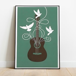 Peut inclure: Impression d'art encadrée représentant une guitare acoustique marron avec des colombes blanches et des lignes tourbillonnantes sur fond vert d'eau. Les cordes et la rosace de la guitare sont visibles, avec trois colombes en vol.