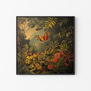 Papillon dans la jungle impression rétro | Art de style Henri Rousseau | Poster déco maximaliste