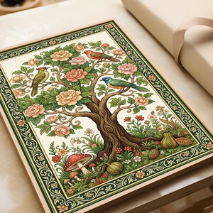 May include: A framed art print featuring a detailed illustration of a tree with birds, flowers, and mushrooms. The artwork has a vintage style with a cream background, a brown tree trunk, and green, pink, and orange accents. The frame is light brown.
