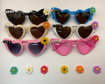 Personalized Heart Sunglasses with Flower Detail, Girls Gift