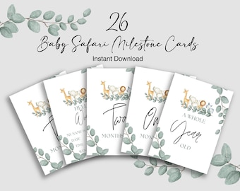 Baby douche cadeau mijlpaal kaarten SAFARI JUNGLE Instant Download kwekerij decor foto prop aquarel pasgeboren herinneringen eerste jaar mijlpalen