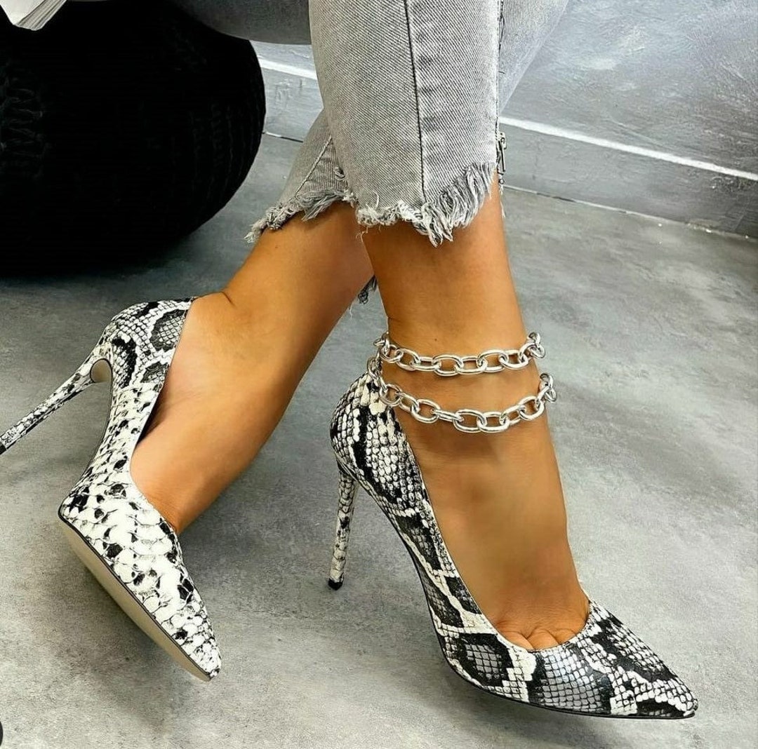 Black and White Snake Patterned Stiletto Heels Thin Heels and Pointed Toe Fancy Womens Shoes stylish Womens Shoes Stylish Evening Shoes Etsy UK