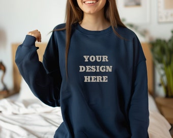 Gildan 18000 Navy Crewneck Mockup | G180 Navy Crewneck Mockup | Gildan 180 Navy Sweater | Cozy Oversized Sweatshirt | Model mockup | Simple