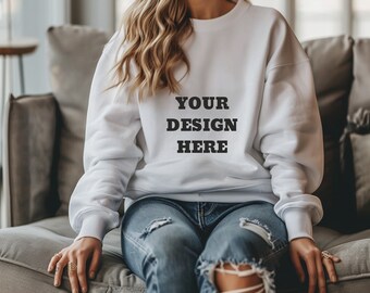 Gildan 18000 White Sweatshirt | G180 White Crewneck Mockup | Model Mockup | Simple aesthetic mockup | Gildan 180 mockup