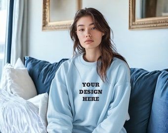 Gildan 18000 Light Blue Sweatshirt Mockup | G180 Light Blue Crewneck Mockup | Model Mockup | Light Blue sweater | Oversized sweater | Casual