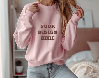 Gildan 18000 Mockup | Gildan Light Pink Sweatshirt Mockup | Sweatshirt Model mockup | Simple Mockup | G180 Light Pink Crewneck Sweater