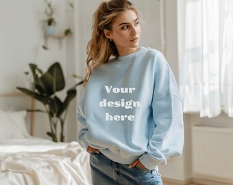 Gildan 18000 Mockup | Gildan light blue sweatshirt mockup | Model mock | Light blue crewneck mockup | Aesthetic girl mockup