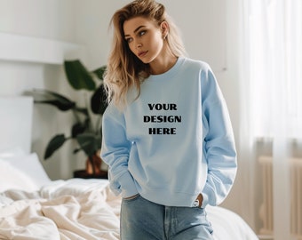 Gildan 18000 Light Blue Sweatshirt Mockup | G180 Light blue Crewneck mockup | Sweatshirt Model Mockup | Blue Gildan oversized Mockups