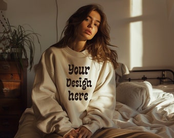 Gildan 18000 Mockup | Gildan Sand Sweatshirt Mockup | Aesthetic Model Mockup | Cozy Sweatshirt Mockup | Beautiful Girl Mockup