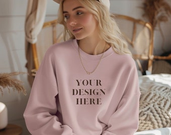 Gildan 18000 Light Pink Mockup | G18000 Crewneck Sweatshirt BoHo Mock-up | Gildan 18000 | G180 Pink Crewneck Mockup | Model Mock