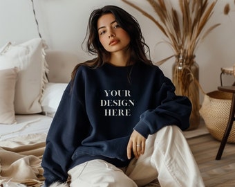 Gildan 18000 Navy Sweatshirt Mockup | G180 Navy Crewneck Mockup | Cozy Oversized Sweater | Gildan 180 Navy Sweater | Aesthetic model mockup