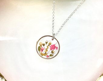 Collana in argento sterling con fiori secchi: ciondolo in resina con vero fiore, catena da 18 pollici