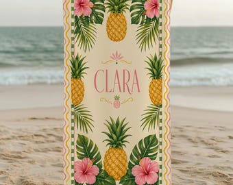 Personalized Pineapple Beach Towel, Custom Name Tropical Towel, Hibiscus Pool Towel, Girl Summer Gift, 22x42 or 30x60, Vacation Gift for Her