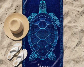 Sea Turtle Beach Towel with Custom Name, Personalized Ocean Towels, Coastal Gifts for Turtle Lovers, Pool Towels, Summer Beach Vacation Gift