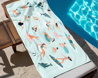 Cute Summer Beach Towel, Dolphin Towel, Surfing Towel, Pool Towel, Bath Towel, Ocean Towel, Sea Towel, Unisex Birthday Gift for Surf Lover