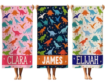 Personalized Dinosaur Beach Towel for Kids, Custom Name Pink Dino Towel, Girls Beach Towel, Summer Gift for Her, Pool Towel, Birthday Gift