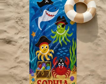 Personalized Pirate Shark Beach Towel for Kids, Custom Name Ocean Towel, Summer Pool Gift, Nautical Bath Towel, Toddler Swim Cover Up Beach!