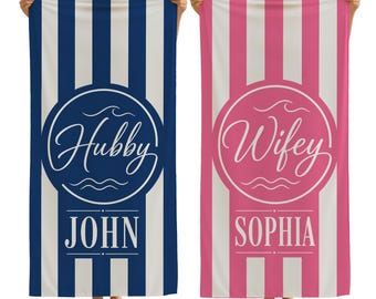Custom Hubby Wifey Beach Towels, Personalized Husband Wife Gift, Matching Couple Towels, Honeymoon Pool Towels, Wedding Anniversary Presents