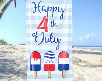 4th of July Beach Towel, Patriotic Summer Towel, Independence Day Pool Towel, USA Popsicle Towel, Holiday Beach Gift for Kids Adults USA Fun