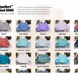 The image is a color chart displaying various colored tops, including gray, blue, purple, orchid, watermelon, navy, and other colors.