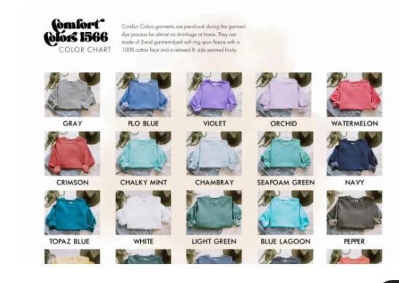 The image is a color chart displaying various colored tops, including gray, blue, purple, orchid, watermelon, navy, and other colors.