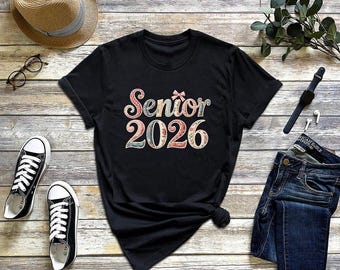Senior 2026 Shirt, Class of 2026 Patchwork Graphic Tee, Graduation Gift, Cute Bow Design, Stylish Senior Girl Top, Senior Year Wear