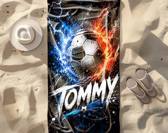 Personalized Soccer Beach Towel Custom Name, Football Towel Kids Gift, Summer Pool Towel 22x42 or 30x60 Inches, Boys Girls Gift Custom Gifts