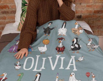 Personalized Halloween Goose Blanket, Custom Name Spooky Throw Blanket, Cute Ghost Pumpkin Gift for Kids, 30x40, 50x60 or 60x80 Inches, Cozy