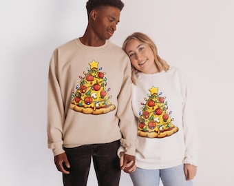 Pizza Christmas Tree Sweatshirt, Funny Holiday Hoodie, Matching Couple Outfit, Xmas Food Lover Pullover