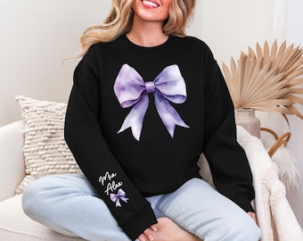 Personalized Bow Sweatshirt, Custom Name on Sleeve Hoodie, Purple Watercolor Bow Design, Unisex Casual Wear