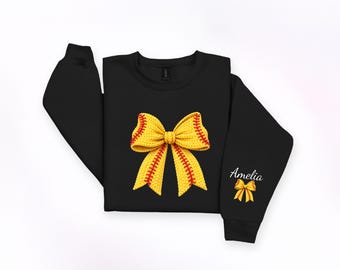 Softball Bow Sweatshirt, Personalized Name Sleeve Hoodie, Coquette Sports Mom Gift, Custom Player Bow Pullover, Cute Game Day Outfit Gift
