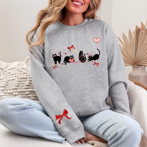 Cute Cat Valentines Sweatshirt, Gift for Cat Mom Cat Lover, Black Cat Hearts Bow Graphic Hoodie, Love Cats, Galentines Valentine Gift