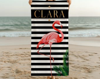 Personalized Flamingo Beach Towel, Custom Name Pool Towel, Tropical Striped Summer Towel, Girls Vacation Gift, Beach Lover Gift for Her Pink