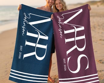 Personalized Mr and Mrs Beach Towel, Custom Name and Date Towel, Wedding Gift for Couple, Honeymoon Pool Towel, Newlywed Gift USA