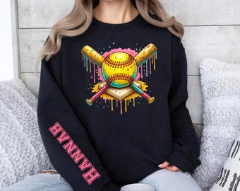 Custom Softball Sweatshirt, Fastpitch Hoodie, Colorful Drip Graphic, Game Day Top, Team Spirit Wear, Softball Mom Gift,Coach Player Fan Gift