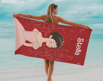 Personalized Princess Beach Towel for Girls, Custom Name Kids Towel, Fairy Tale Castle Pool Towel, Birthday Gift, 22x42 or 30x60 Inch Sizes