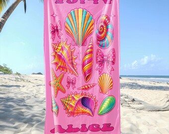 Personalized Vibrant Seashell & Fish Pattern Beach Towel, Fun Summer Pool- Beach Towel, Perfect Gift for Kids or Adults, Customizable Name