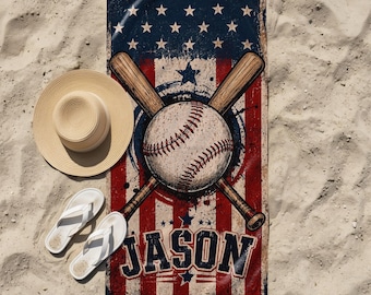 Personalized Baseball Beach Towel, Custom Name Kids Towel, American Flag Sports Towel for Boys, Baseball Birthday Gift, Pool Towel for a Son