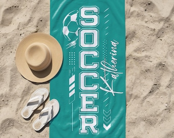Personalized Soccer Beach Towel, Custom Name Football Towel, Boys Soccer Gift, Team Player Pool Towel, Kids Sports Bath Towel, Summer Gift
