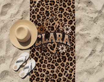 Personalized Leopard Beach Towel, Custom Name Pool Towel, Floral Boho Towel for Women, Summer Vacation Gift, Stylish Poolside Accessory Gift